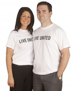 Nick and Michelle Killoran wearing white LIVE UNITED t-shirts