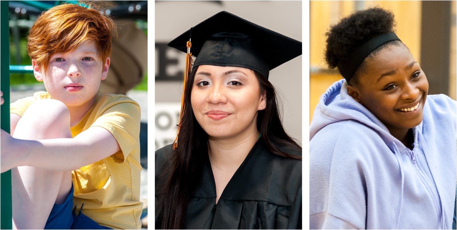 Three Students: smiling red haired young boy in a yellow t-shirt, smiling teen girl in a graduation cap and gown, smiling middle school girl in a purple sweatshirt