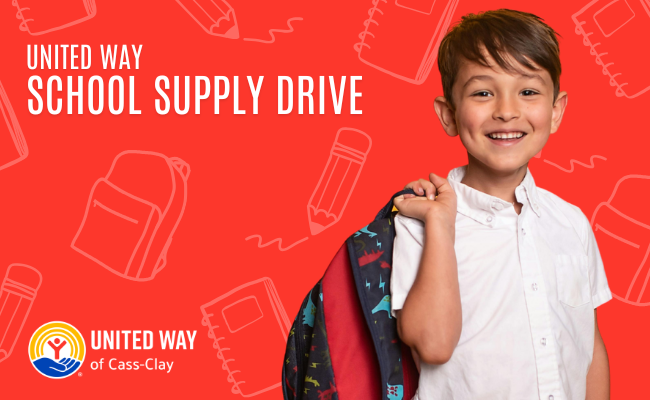 2026 School Supply Drive Spotlight Feature Image; red background with young boy holding a backpack