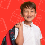 2026 United Way of Cass-Clay School Supply Drive Spotlight Thumbnail; Red background with young boy holding a backpack